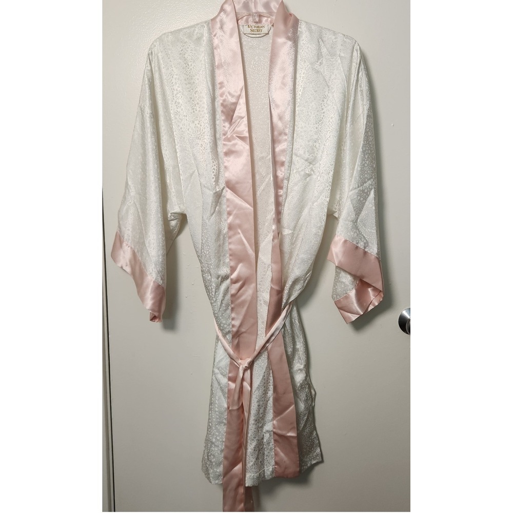 Victoria's Secret Vtg Gold Label White Damask Robe Pink Satin Trim One Size